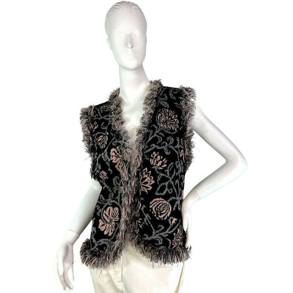 Vintage 90s BRENDA FRENCH French Rags Hand Loomed Open Vest With Fringe M - Picture 2 of 10